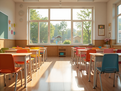 教育机构现代化教室，智能黑板，学生桌椅整齐排列，明亮教室环境，现代教学设备